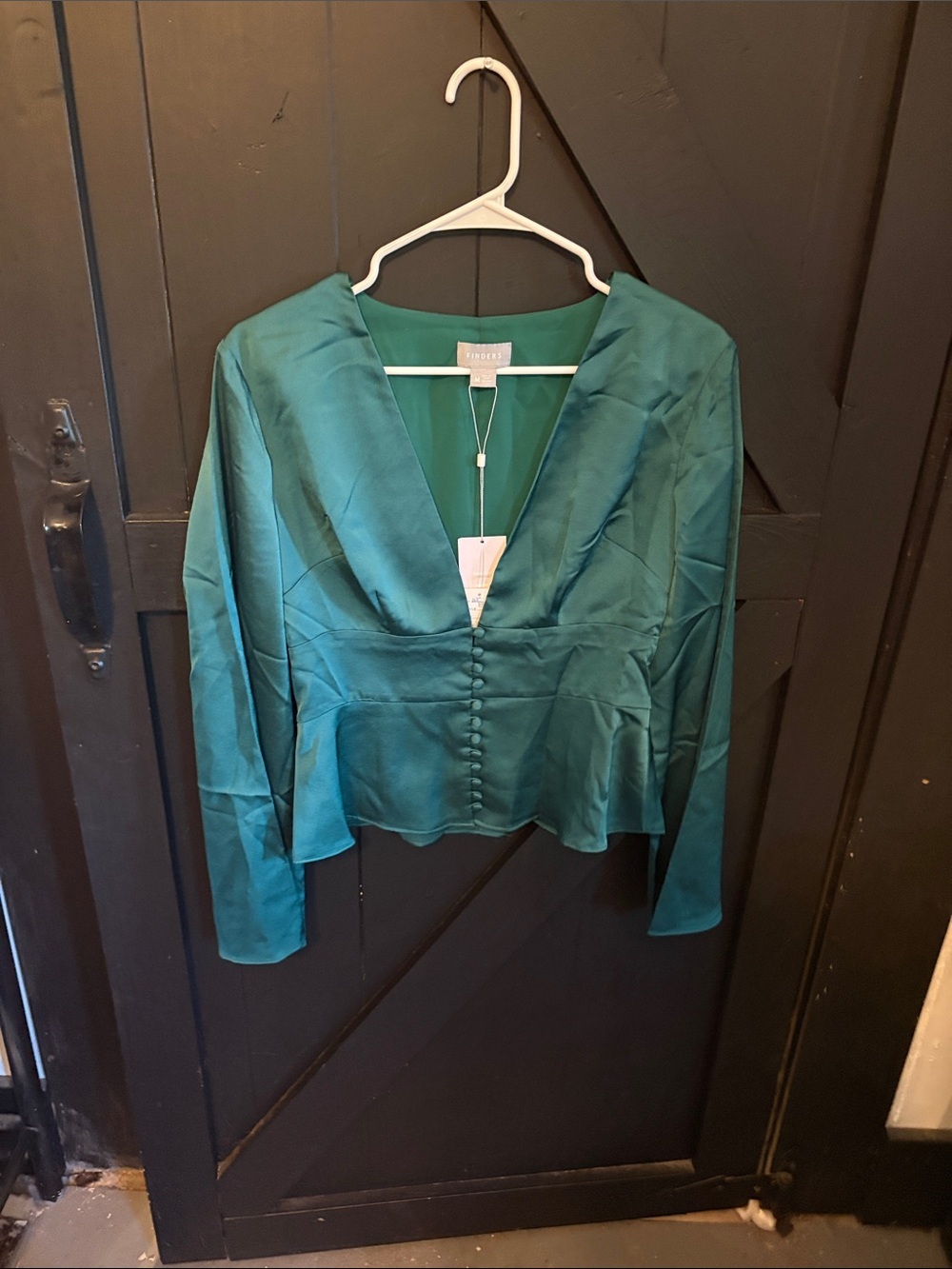 Forever 21 Emerald Green Satin V-Neck Button Front Blouse